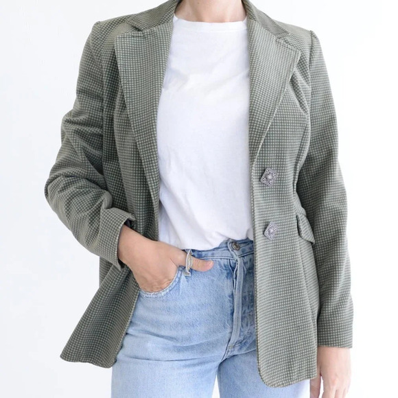 Vintage Olive 50% Cotton Houndstooth Two Button Blazer - Picture 3 of 15